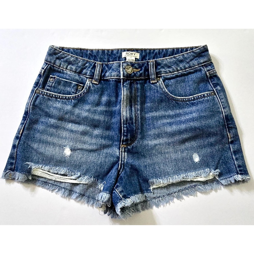 ROXY Denim Jean Shorts Women's 28 Blue Cut Off High Rise Pockets Mediumβ Wash